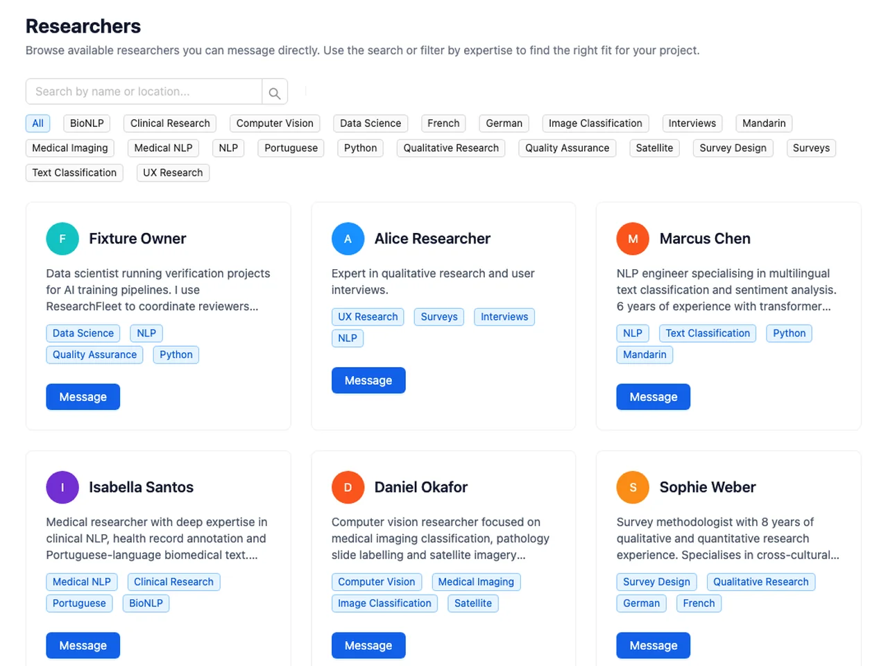 Researchers directory showing a reviewer profile with domain expertise tags including UX Research, NLP, and Surveys