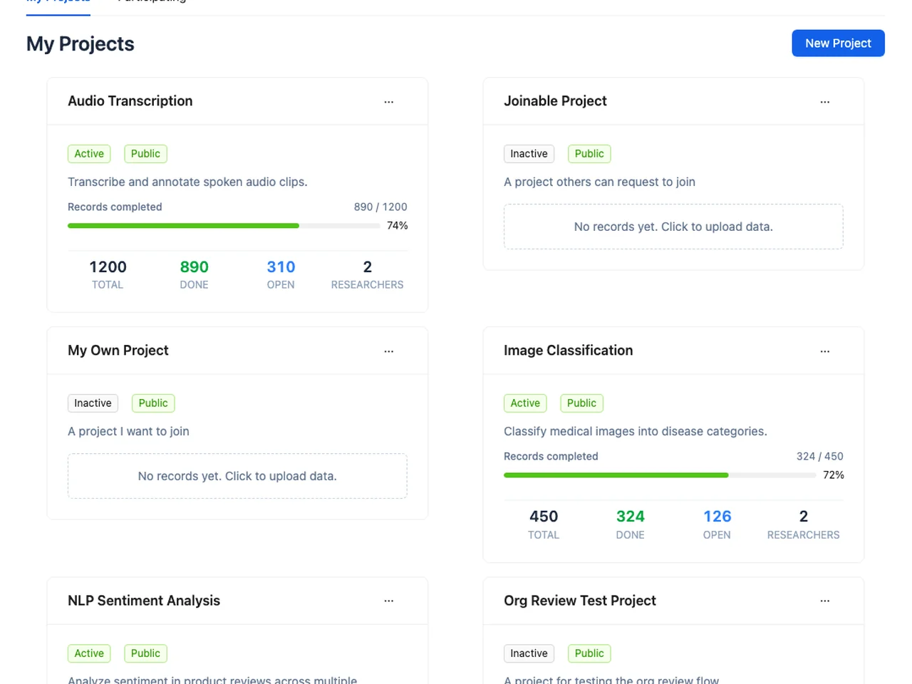 My Projects dashboard showing multiple data verification projects with status badges and record counts
