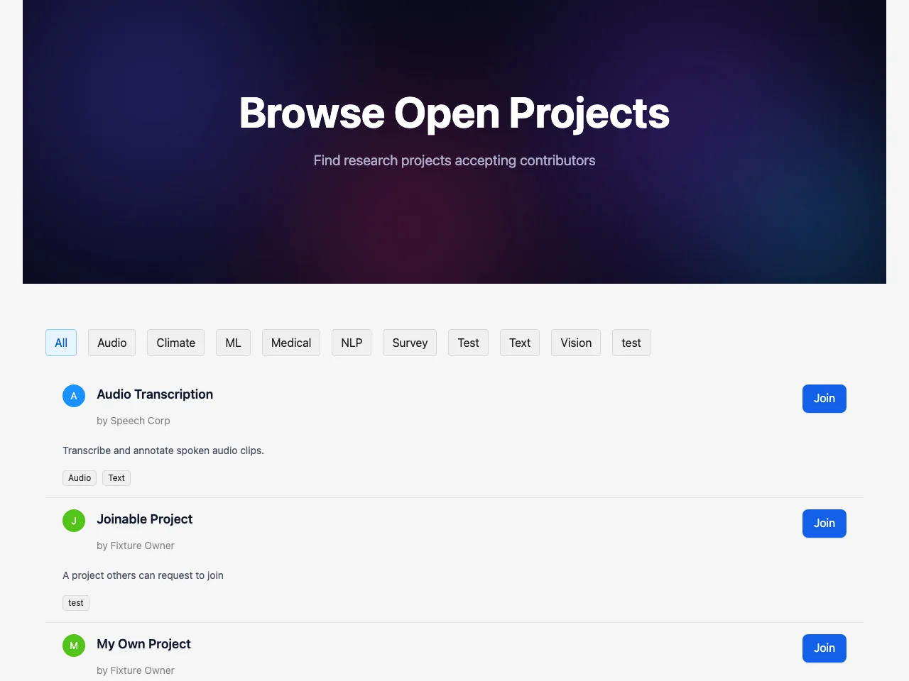 Browse Open Projects page listing research projects with category filters and join buttons