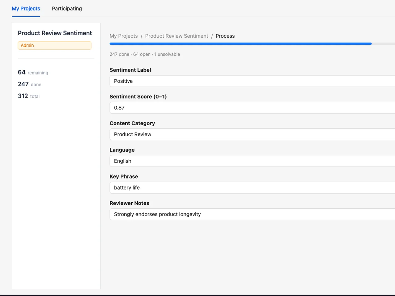 AI Form Generator panel with JSON data sample input and a live preview of the generated review form